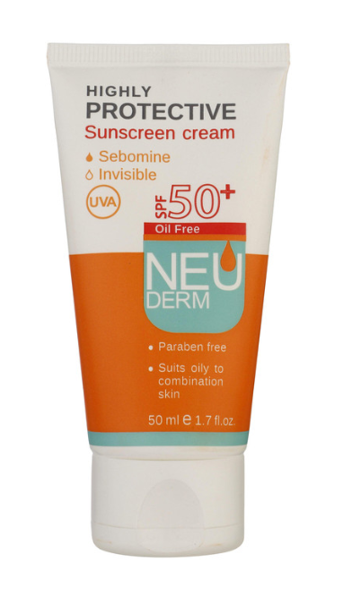 کرم ضد آفتاب بی رنگ نئودرم مدل Highly Protective SPF50 مناسب پوست های چرب تا مختلط