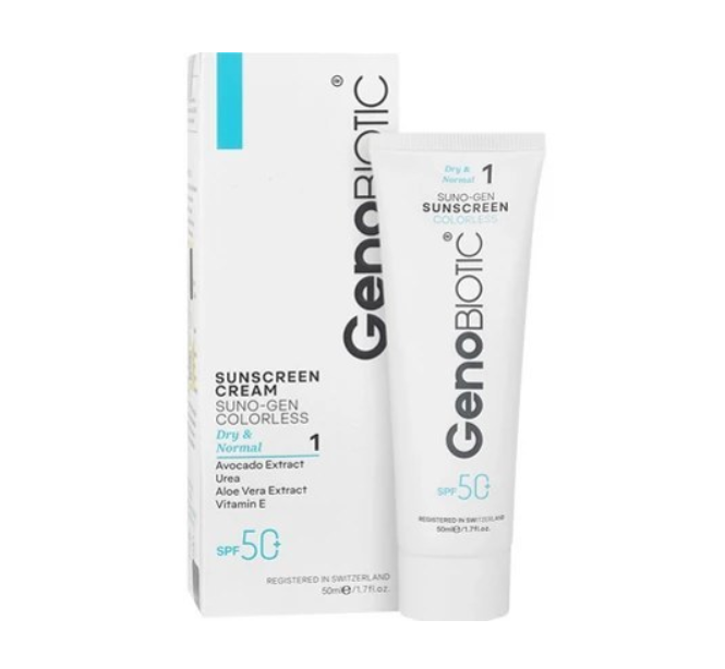 کرم ضد آفتاب ژنوبایوتیک SPF50 بی رنگ مناسب پوست خشک و معمولی حجم ۵۰ میلی لیتر